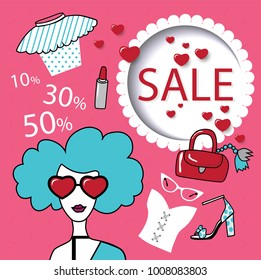 Happy Valentines Day sale banner on a pink background with fashionable accessories. Bag, shoes, fashionable girl in glasses, corset, skirt, lipstick vector illustration.