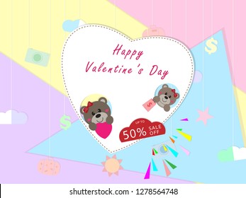 Happy Valentine's day sale banner with teddy holding red heart,special offer,shop now, up to 50% off ,online shop. Vector illustration ep10.