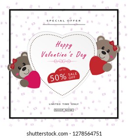 Happy Valentine's day sale banner with teddy holding red heart,special offer,shop now, up to 50% off ,online shop. Vector illustration ep10.