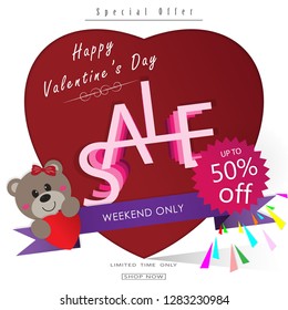 Happy Valentine's day sale banner with teddy holding red heart,special offer,shop now, up to 50% off ,online shop. Vector illustration ep10.