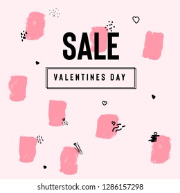 Happy Valentine's Day sale banner with text and red baloon hearts. Trendy background with hand drawn brush paints. Vector illustration