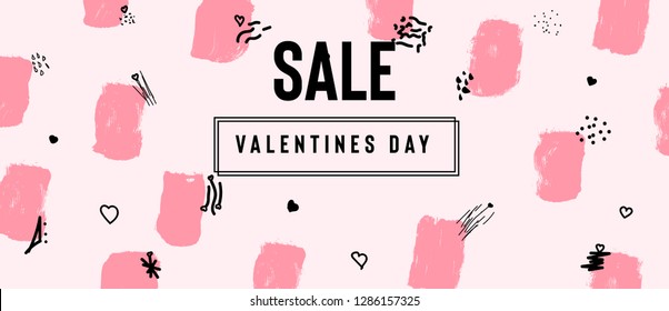 Happy Valentine's Day sale banner with text and red baloon hearts. Trendy background with hand drawn brush paints. Vector illustration