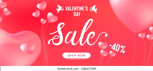 Happy Valentine's Day sale banner with calligraphy text and red baloon hearts. Vector illustration