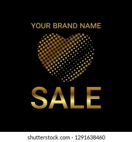 Happy Valentine's Day SALE banner with Golden Heart Halftone effect isolated on black background. Shopping card with a place for text. For textile, web, flyer, invitation, posters. Vector illustration