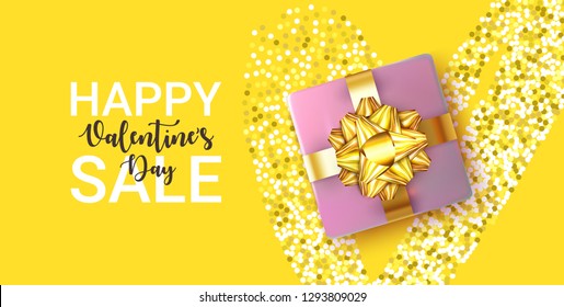 Happy Valentines Day SALE banner with 3d glossy Gift Box with gold Bow and ribbon, Glitter Heart isolated on yellow. Girls shopping and Web wallpaper, flyer, invitation, banner. Vector illustration