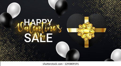 Happy Valentines Day SALE banner with 3d glowing Gift Box in a shape of a Heart with gold Bow and falling Balloons. For shopping and web poster, add, article, flyers, banners. Vector illustration