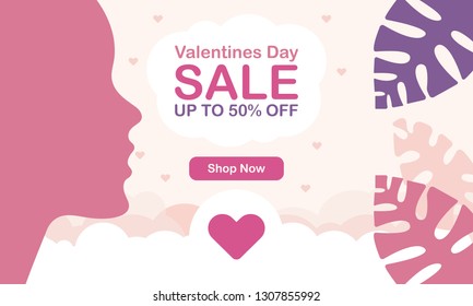 Happy Valentines Day. Sale banner for store. Special offer for shopping. A holiday of love. Face silhouette of a romantic women. Cute illustration with hearts and beautiful tropical leaves