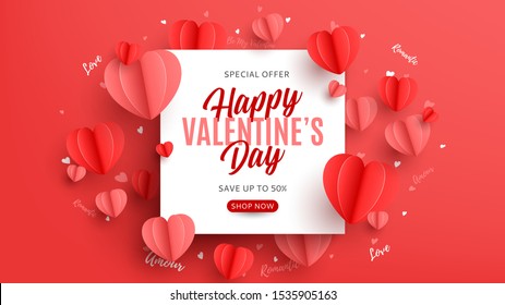 Happy Valentine's Day sale banner in paper art style. Holiday banner with realistic red and pink paper hearts and white square. Festive vector illustration.