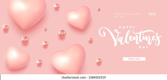 Happy Valentines Day Sale banner. 14 February background with 3d heart and balls composition . Eps10 vector.
