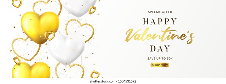 Happy Valentine's Day sale banner. Vector illustration with realistic flying gold and white air balloons, hearts and confetti on white background. Holiday greeting card, horizontal promo banner.