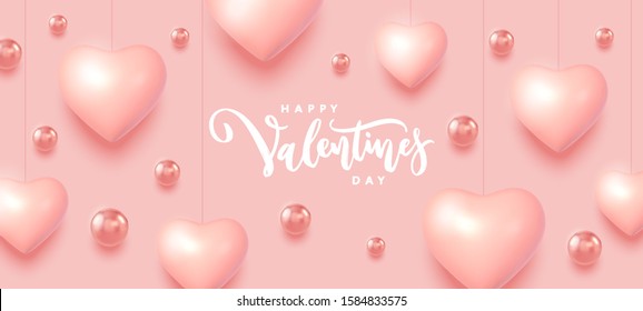 Happy Valentines Day Sale banner. 14 February background with 3d heart and balls composition . Eps10 vector.