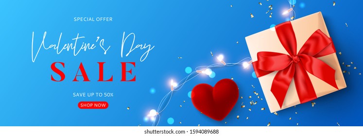 Happy Valentine's Day sale banner. Vector illustration with realistic gift box, sparkling light garland, ring box and confetti on blue background. Promo discount banner.