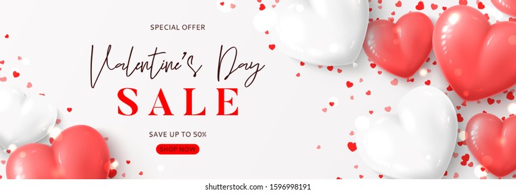 Happy Valentine's Day sale banner. Vector illustration with realistic pink and white air balloons and confetti on white background. Holiday gift card. Promotion discount banner.