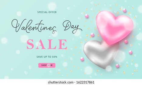 Happy Valentines Day sale banner with pink and silver hearts and pearl beads. Vector illustration