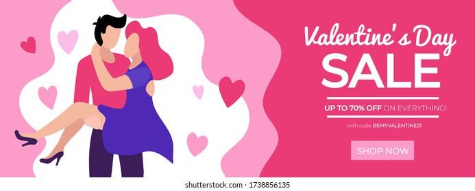 Happy valentines day sale banner with code vector illustration. Lovers and flying heart decorations flat style design. Discount on everything and shop now button. Love holiday concept