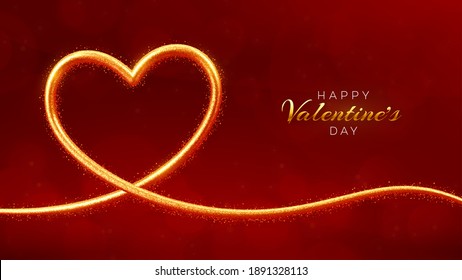 Happy Valentines day sale banner. 3D Realistic shining heart shaped golden frame with glitter texture. Wallpaper, flyer, poster, brochure, greeting card. Vector illustration.
