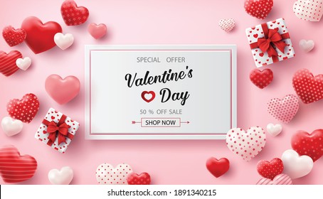 Happy Valentine's Day sale banner with hearts balloons.Vector illustration.
