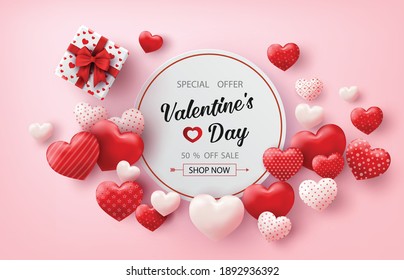 Happy Valentine's Day sale banner with hearts balloons.Vector illustration.