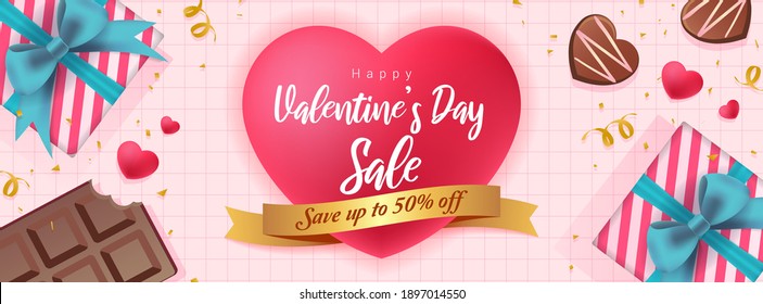 Happy Valentine's Day Sale Banner Vector illustration. Big Red heart with Valentines day gifts