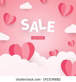 Happy valentine's day Sale banner. Holiday background with origami hearts and clouds. Trendy design template for advertisement, social media, business, fashion ads, etc. 
