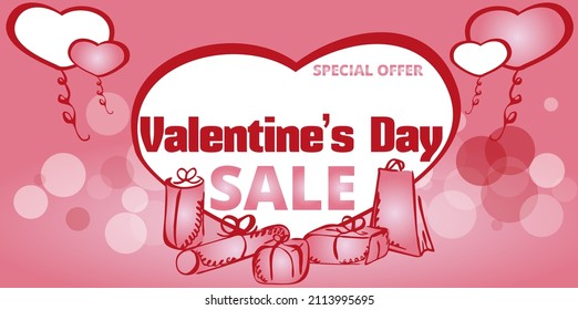 Happy Valentines day sale banner. frame with red and pink gifts, heart ballons and golden balloon background. Wallpaper, flyer, poster, brochure, greeting card. Vector illustration. 