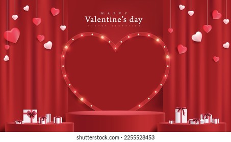 Happy Valentine's day sale banner background with red stage product display cylindrical shape and Retro light bulbs heart shape sign background