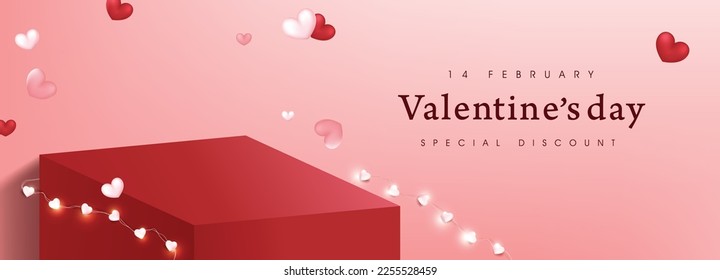 Happy Valentine's day sale banner background with product table display and festive decoration for Valentine's day