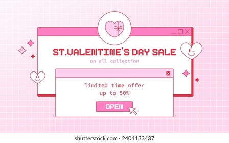 Happy Valentine's Day Sale Banner with Old Computer Elements, Windows and Cute Groovy New Year Decorations.	Heart Shaped Gift Box Pattern.