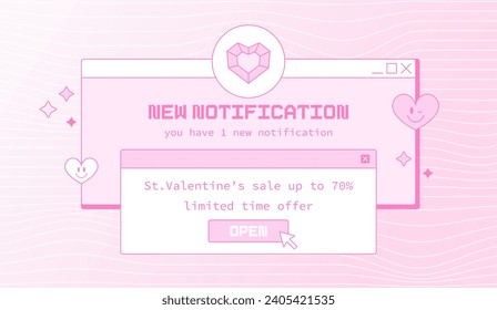 Happy Valentine's Day Sale Banner with Old Computer Elements, Windows and Cute Groovy New Year Decorations. Heart Shaped Gemstone Jewel Pattern.