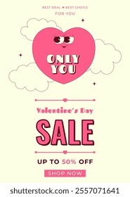 Happy Valentines Day sale banner with cute heart character in retro groovy style. Vector illustration for poster, brochure, banner, card, special offer