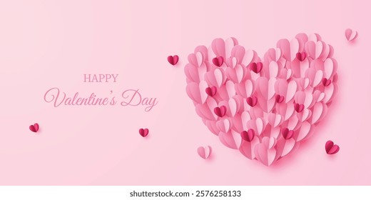 Happy valentine's day sale banner background with 3d large pink paper heart formed by smaller hearts. Vector illustration.