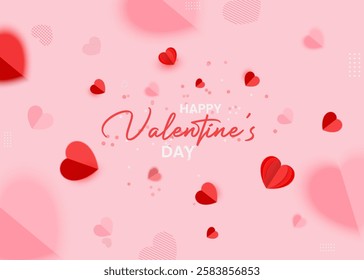 Happy Valentine's Day sale banner design with a pink and red heart, rose, paper butterfly, and leaf. Valentine's Day greeting card decoration background design made with a paper cut. 