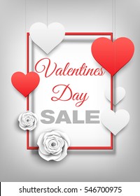 Happy valentines day sale banner with red frame, white and red hearts, and white flowers. Holiday sale. White sale poster. Vector sale illustration, eps10.