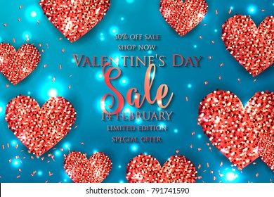 Happy Valentine's Day Sale banner with sparkling glitter gold textured hearts, confetti. Vector illustration