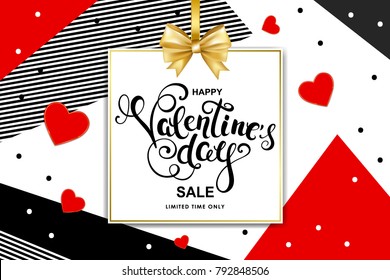 Happy valentines day Sale banner with hearts, frame and calligraphy. Vector illustration.