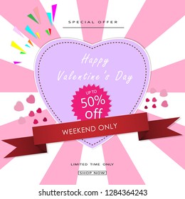 Happy Valentine's day sale banner,weekend only,special offer,shop now, up to 50% off ,online shop. Vector illustration ep10.