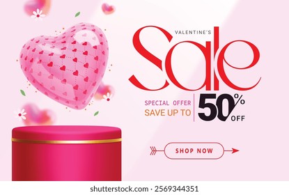 Happy valentine's day sale clipart template design. Valentine sale text special offer discount with red podium stage and inflatable balloon for holiday product presentation clip art. Vector 