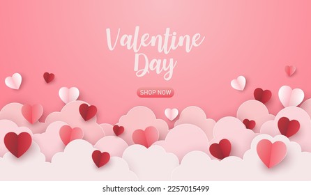 feliz venta del día de San Valentín con banner de nubes y corazón rojo. amor por la tarjeta de felicitación de San Valentín. copiar espacio para texto.  boda romántica en febrero 14 Estilo de corte de papel de ilustración vectorial.