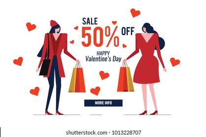 Happy Valentine's Day Sale. Couple red dress woman with shopping bag. advertise banner. vector illustration