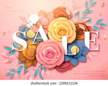Happy Valentine's Day Sale design with colorful paper flowers in 3d illustration, pink background Happy Valentine's Day Sale design with colorful paper flowers in 3d illustration, pink background