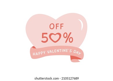 Happy Valentine's Day sale design element with heart and pink ribbon in pastel colours. Trendy Valentines day discount template in flat style. Vector illustration with copy space for text.