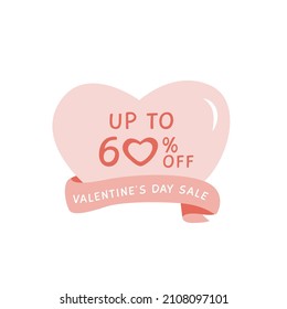 Happy Valentine's Day sale design element with heart and pink ribbon in pastel colours. Trendy Valentines day discount template in flat style. Vector illustration with copy space for text.