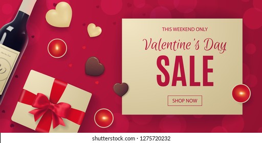 Happy Valentine's Day Sale Discount Banner. Top View on Composition with Realistic Heart with Confetti, Wine and Candles. Vector Illustration with Seasonal Offer.