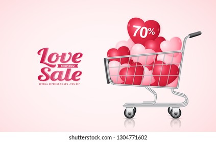 Happy valentine's day sale discount poster template typography and shopping cart with hearts decoration for flyers, web, banner and card vector illustration