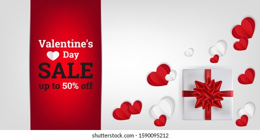 Happy Valentine's Day sale. Discount up to 50% off. Abstract background in paper style. Vector illustration with hearts and gift. Design for paper, prints, brochures, covers, banners etc.