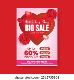 Happy valentines day sale discount offer editable print flyer or poster template, valentines day celebration party invitation card, leaflet, brochure cover design, valentines day background design