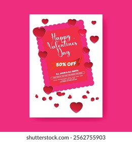 Happy valentines day sale discount offer editable print flyer or poster template, valentines day celebration party invitation card, leaflet, brochure cover design, valentines day background design