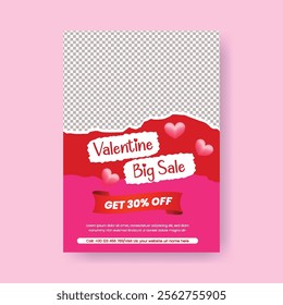 Happy valentines day sale discount offer editable print flyer or poster template, valentines day celebration party invitation card, leaflet, brochure cover design, valentines day background design