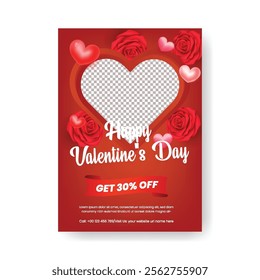 Happy valentines day sale discount offer editable print flyer or poster template, valentines day celebration party invitation card, leaflet, brochure cover design, valentines day background design