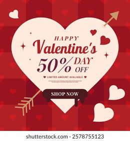 Happy Valentine's day sale discount vector illustration. Heart on red tartan pattern background
